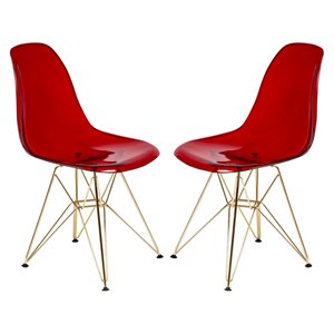 LeisureMod Cresco Modern Gold Eiffel Base Dining Side Chair in Red Set of 2
