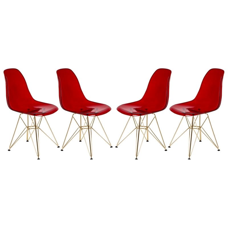 LeisureMod Cresco Plastic Dining Chair with Gold Base Set of 4 Transparent Red