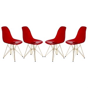 LeisureMod Cresco Plastic Dining Chair with Gold Base Set of 4 Transparent Red