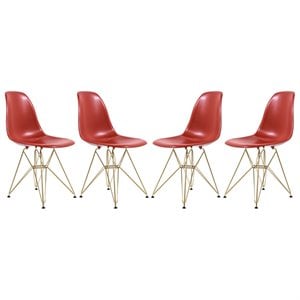 LeisureMod Cresco Modern Gold Eiffel Base Dining Side Chair Solid Red Set of 4