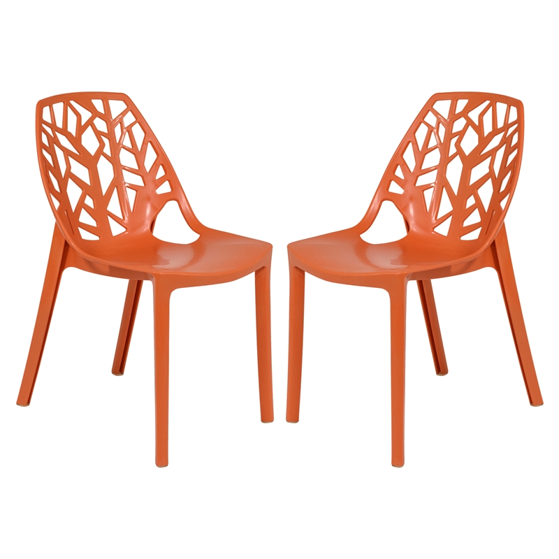 LeisureMod Cornelia Modern Plastic Dining Side Chair in Solid Orange Set of 2