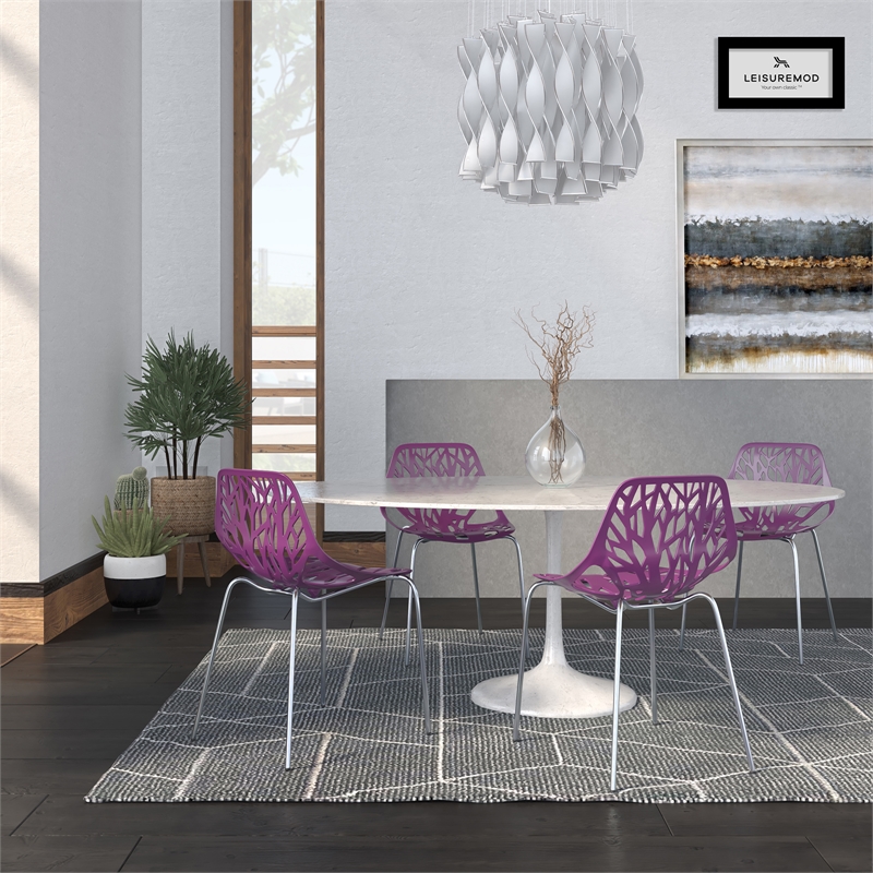 LeisureMod Modern Asbury Dining Side Chair With Chromed Legs in Purple Set of 4