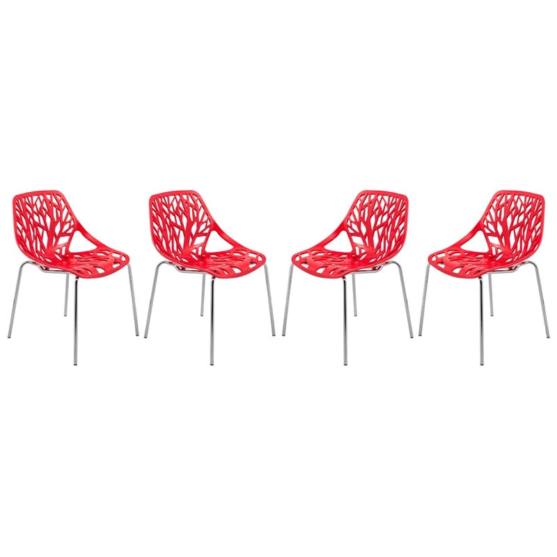 LeisureMod Modern Asbury Dining Side Chair With Chromed Legs in Red Set of 4