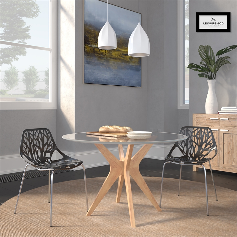 LeisureMod Modern Asbury Dining Side Chair With Chromed Legs in Black Set of 2