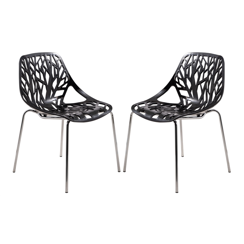 LeisureMod Modern Asbury Dining Side Chair With Chromed Legs in Black Set of 2