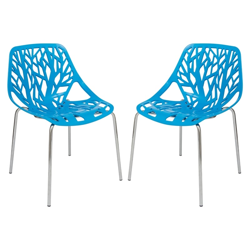 LeisureMod Modern Asbury Dining Side Chair With Chromed Legs in Blue Set of 2