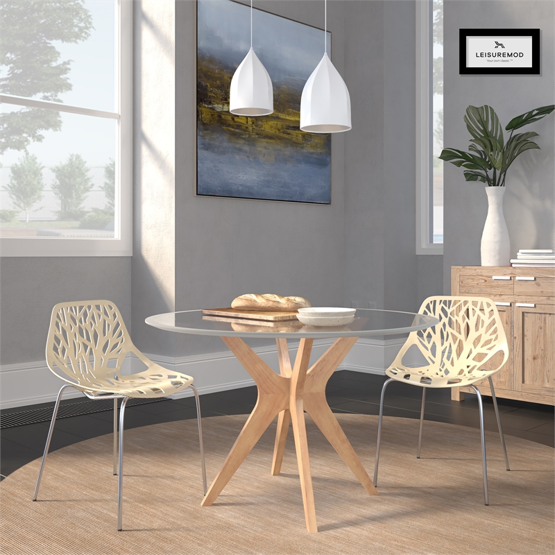LeisureMod Modern Asbury Dining Side Chair With Chromed Legs in Cream Set of 2