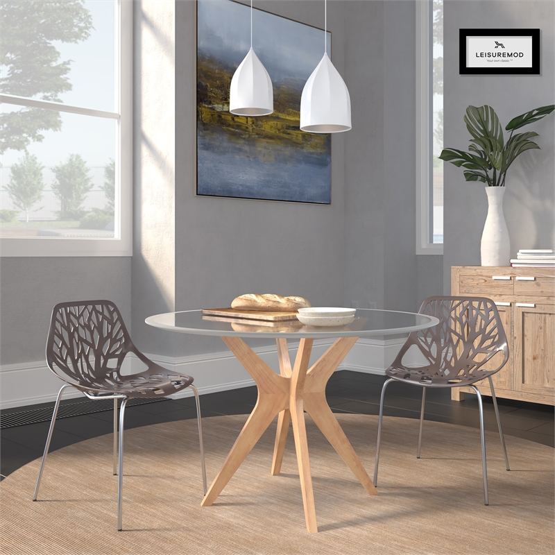 LeisureMod Modern Asbury Dining Side Chair With Chromed Legs in Taupe Set of 2