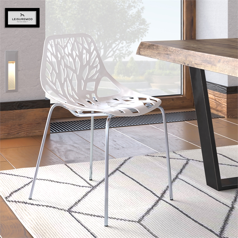 LeisureMod Modern Asbury Dining Side Chair With Chromed Legs in White