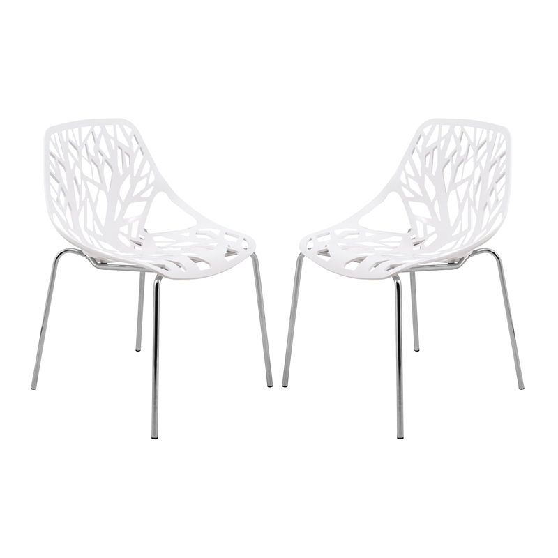 LeisureMod Modern Asbury Dining Side Chair With Chromed Legs in White Set of 2