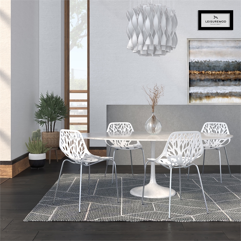 LeisureMod Modern Asbury Dining Side Chair With Chromed Legs in White Set of 4
