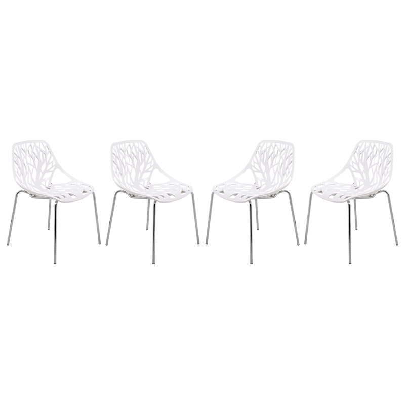 LeisureMod Modern Asbury Dining Side Chair With Chromed Legs in White Set of 4