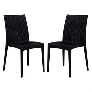 LeisureMod Modern Weave Mace Indoor Outdoor Dining Chair in Black Set of 2