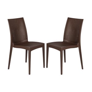 LeisureMod Modern Weave Mace Indoor Outdoor Dining Chair in Brown Set of 2