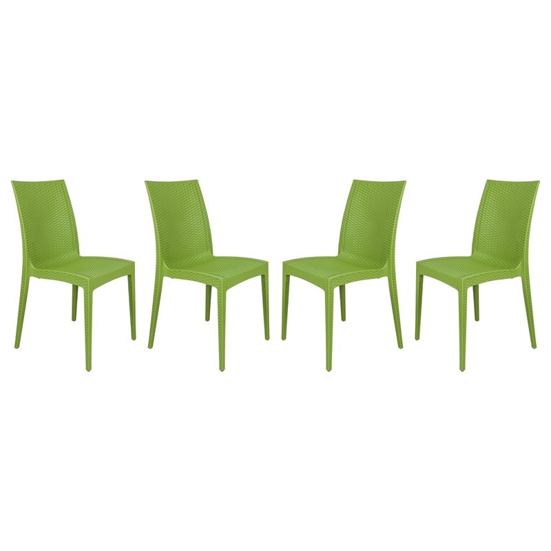 LeisureMod Modern Weave Mace Indoor Outdoor Dining Chair in Green Set of 4