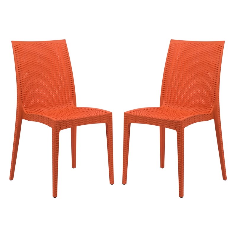 LeisureMod Modern Weave Mace Indoor Outdoor Dining Chair in Orange Set of 2