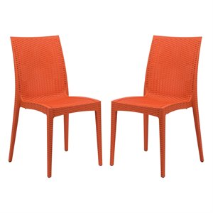 LeisureMod Modern Weave Mace Indoor Outdoor Dining Chair in Orange Set of 2