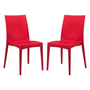LeisureMod Modern Weave Mace Indoor Outdoor Dining Chair in Red Set of 2