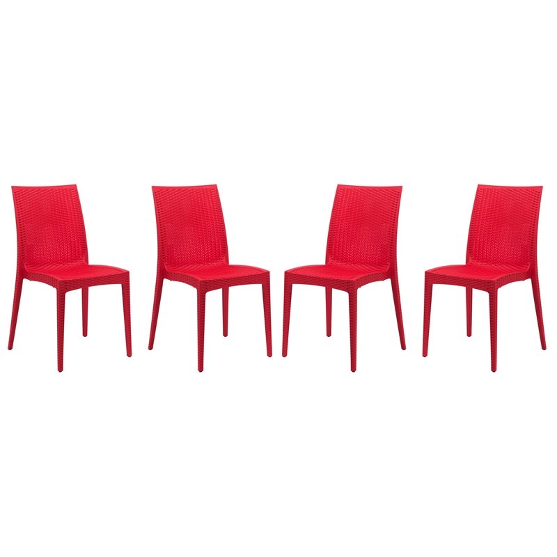 LeisureMod Modern Weave Mace Indoor Outdoor Dining Chair in Red Set of 4