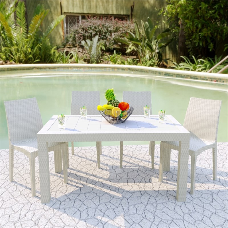 LeisureMod Modern Weave Mace Indoor Outdoor Dining Chair in White Set of 4