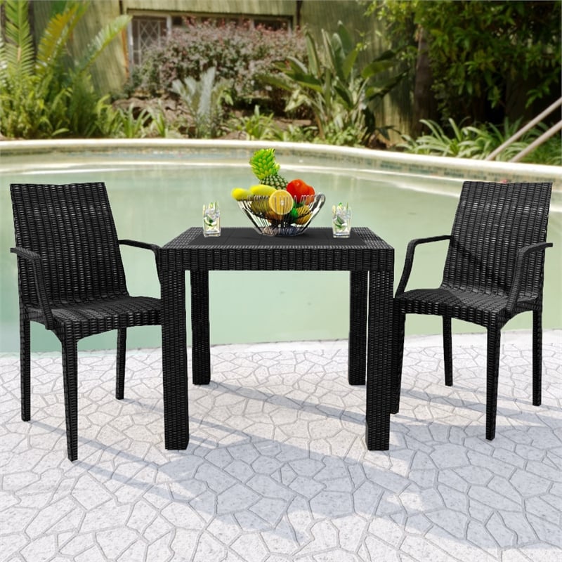 LeisureMod Modern Weave Mace Indoor Outdoor Dining Armchair in Black