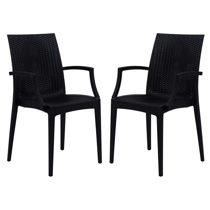 LeisureMod Modern Weave Mace Indoor Outdoor Dining Armchair in Black Set of 2