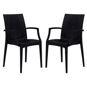 LeisureMod Modern Weave Mace Indoor Outdoor Dining Armchair in Black Set of 2