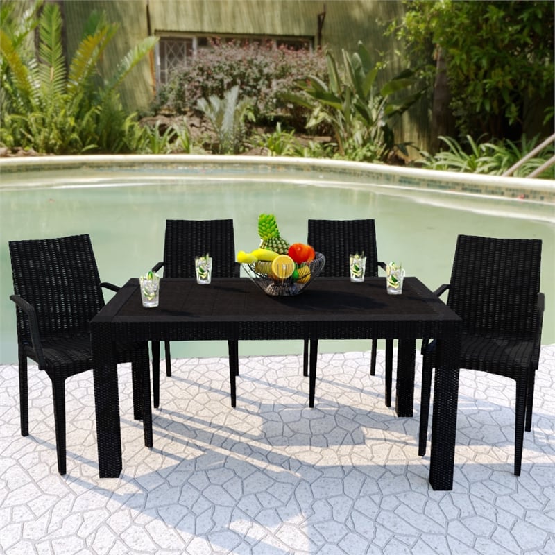 LeisureMod Modern Weave Mace Indoor Outdoor Dining Armchair in Black Set of 4