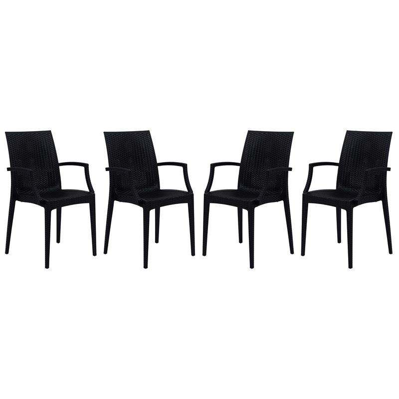 LeisureMod Modern Weave Mace Indoor Outdoor Dining Armchair in Black Set of 4