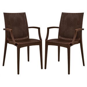 LeisureMod Modern Weave Mace Indoor Outdoor Dining Armchair in Brown Set of 2