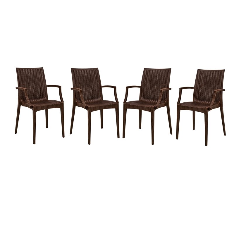 LeisureMod Modern Weave Mace Indoor Outdoor Dining Armchair in Brown Set of 4