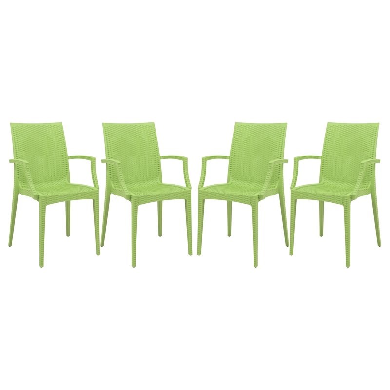 LeisureMod Modern Weave Mace Indoor Outdoor Dining Armchair in Green Set of 4