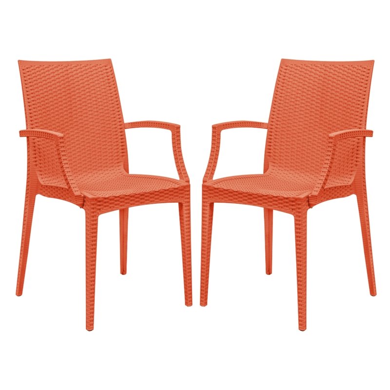 LeisureMod Modern Weave Mace Indoor Outdoor Dining Armchair in Orange Set of 2