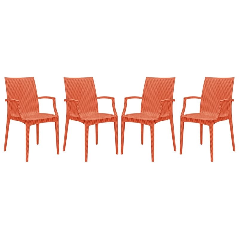 LeisureMod Modern Weave Mace Indoor Outdoor Dining Armchair in Orange Set of 4