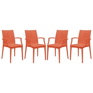 LeisureMod Modern Weave Mace Indoor Outdoor Dining Armchair in Orange Set of 4