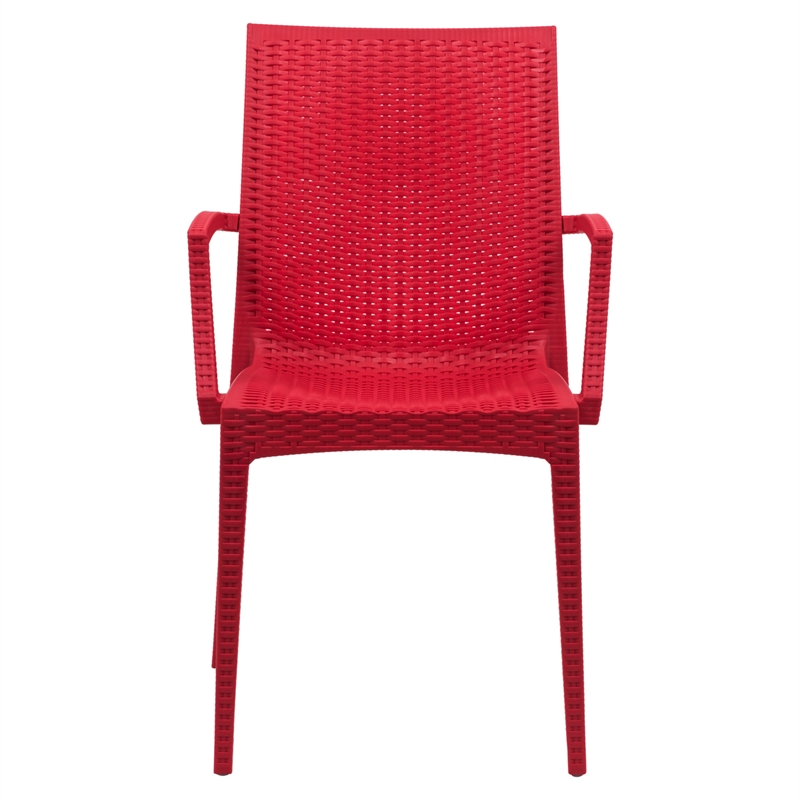 LeisureMod Modern Weave Mace Indoor Outdoor Dining Armchair in Red Set of 2