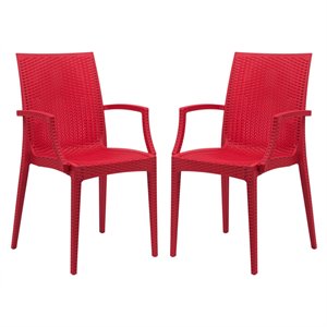LeisureMod Modern Weave Mace Indoor Outdoor Dining Armchair in Red Set of 2