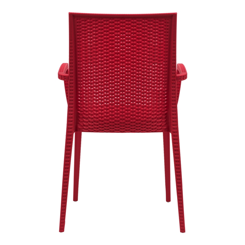 LeisureMod Modern Weave Mace Indoor Outdoor Dining Armchair in Red Set of 4