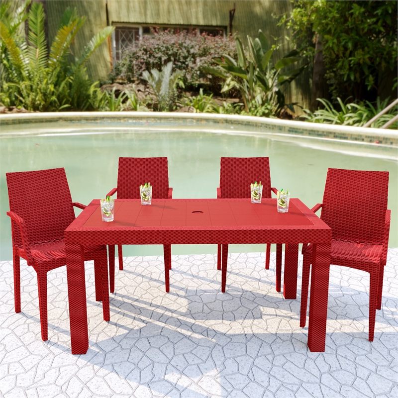LeisureMod Modern Weave Mace Indoor Outdoor Dining Armchair in Red Set of 4
