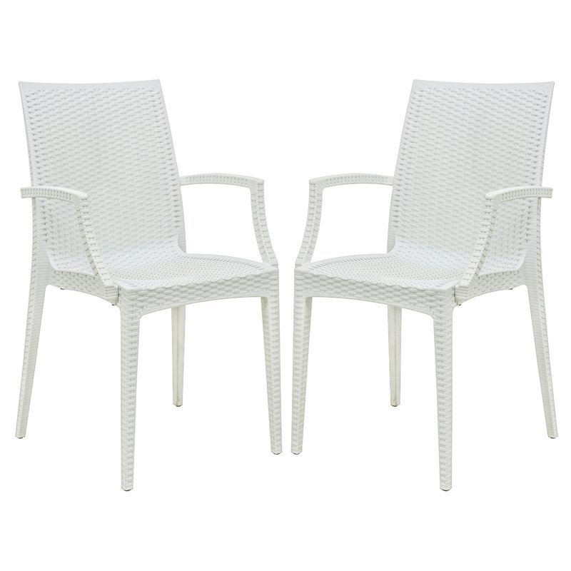 LeisureMod Modern Weave Mace Indoor Outdoor Dining Armchair in White Set of 2