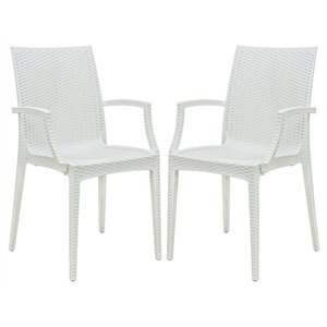 LeisureMod Modern Weave Mace Indoor Outdoor Dining Armchair in White Set of 2
