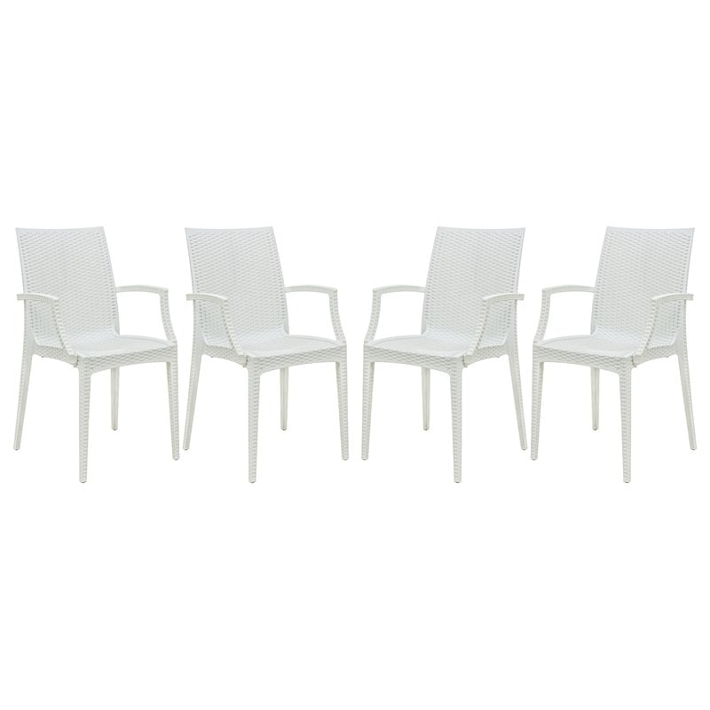 LeisureMod Modern Weave Mace Indoor Outdoor Dining Armchair in White Set of 4