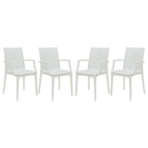 LeisureMod Modern Weave Mace Indoor Outdoor Dining Armchair in White Set of 4