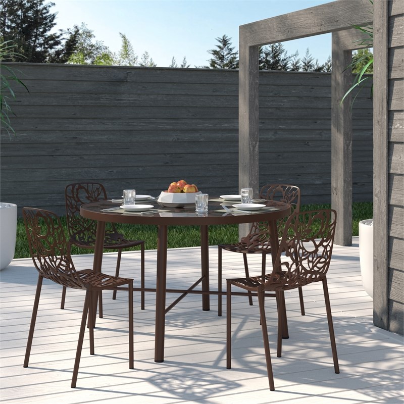 LeisureMod Devon Modern Indoor Outdoor Aluminum Dining Chair in Brown Set of 4