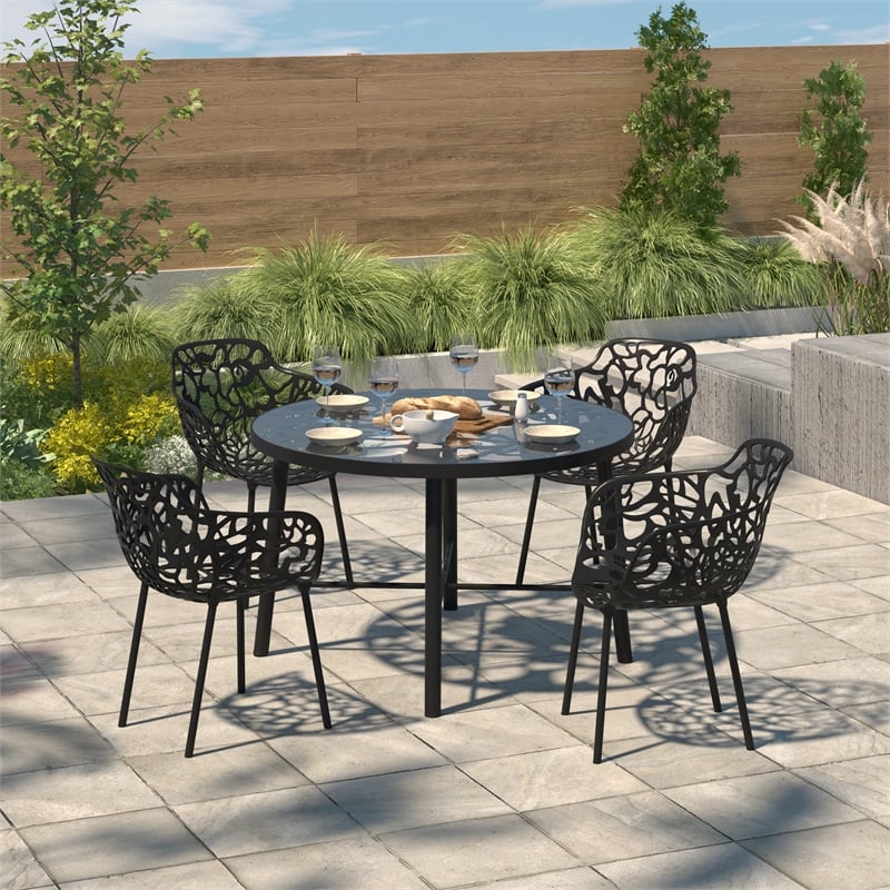 LeisureMod Devon Modern Indoor Outdoor Aluminum Dining Armchair Black Set of 4