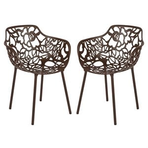 LeisureMod Devon Modern Indoor Outdoor Aluminum Dining Armchair Brown Set of 2