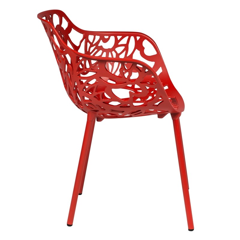 LeisureMod Devon Modern Indoor Outdoor Aluminum Dining Armchair Red Set of 4