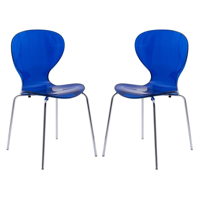 LeisureMod Oyster Dining Side Chair With Strong Metal Legs in Blue Set of 2
