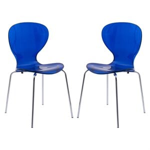LeisureMod Oyster Dining Side Chair With Strong Metal Legs in Blue Set of 2