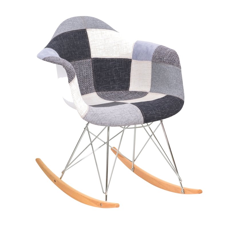 LeisureMod Mid-Century Wilson Patchwork Twill Fabric Eiffel Base Rocking Chair